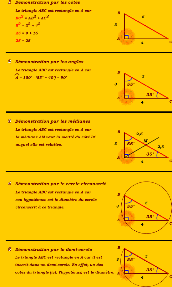 Différentes démonstration sur le triangle rectangle : cercle circonscrit, médiane, côtés, angles.